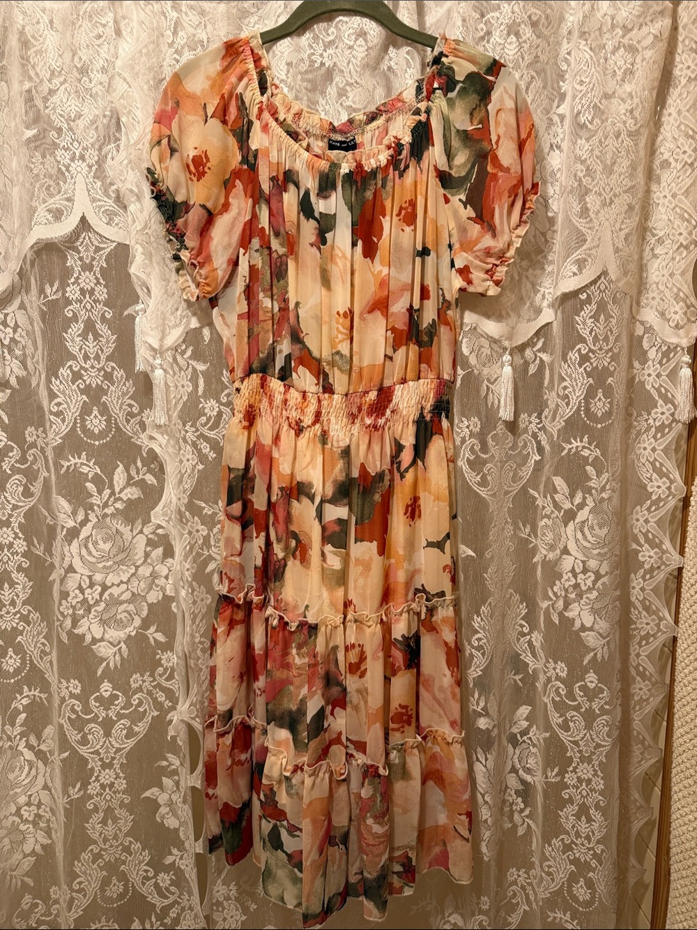 Kate and Lily Floral Tiered Midi Dress in Cream with Coral and Olive Accents